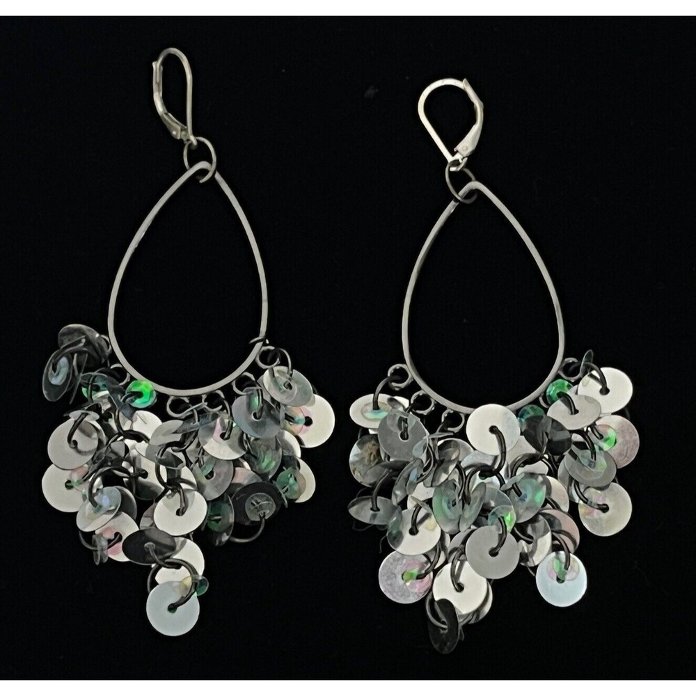 Sequin Earring Pierced Dangle Loop Cluster Iridescent Drop Sterling Silver Lever